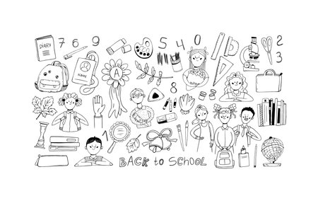 Back to school graphics set. Hand drawn doodle cartoon school supplies setのイラスト素材