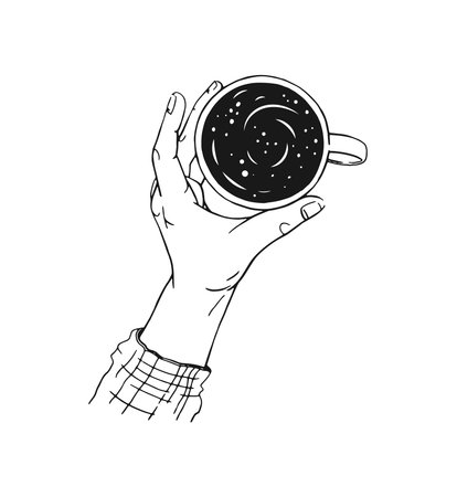 Hand holding a cup of coffee. Hand drawn illustration in sketch style.のイラスト素材