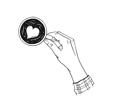 Hand holding a cup of coffee with heart. Hand drawn illustration.のイラスト素材