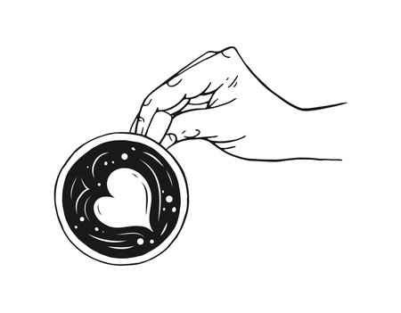 Coffee cup with heart in hand. Hand drawn illustration.のイラスト素材