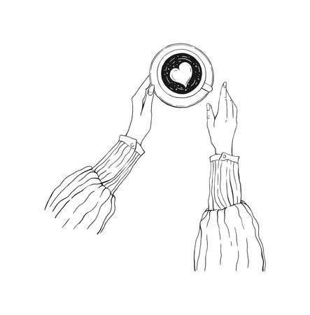 Hands holding cup of coffee. illustration in sketch style.のイラスト素材