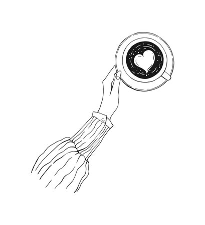 Hand holding cup of coffee with heart. Hand drawn illustration.のイラスト素材