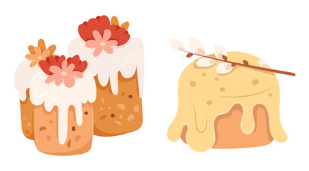 Easter cake Christianeaster illustration. Easter cake with flowers and willow branch.のイラスト素材