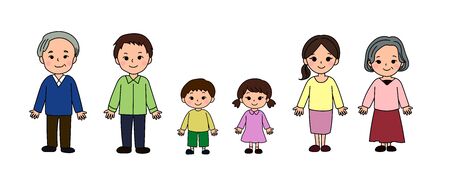 Illustration with three generations of family grandpa grandma dad mom boy girlのイラスト素材