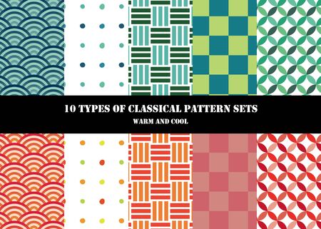 10 Traditional Traditional Japanese Pattern Sets (warm and cool colors)のイラスト素材