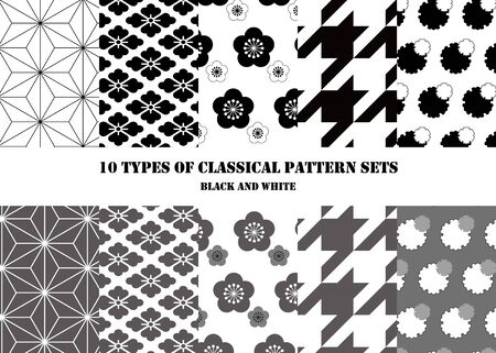 10 traditional Japanese classical pattern sets (black and white)のイラスト素材