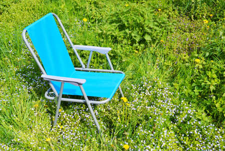 blue folding chair in the midst of green meadows