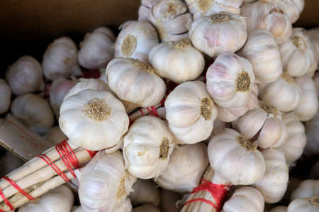 Braided garlic at the Lourmarin street market, Lourmarin, Vaucluse, Provence-Alpes-C