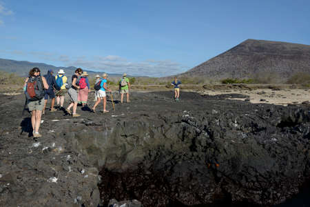Tourists walking on lava at Puerto Egas, Santiago Island, Galapagos Islands, Ecuadorのeditorial素材