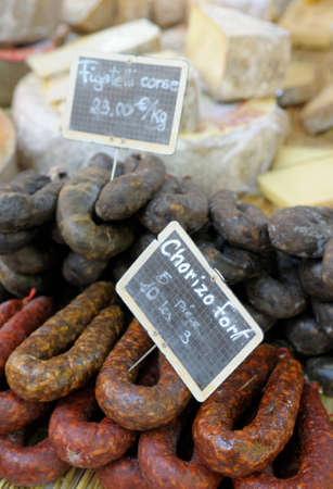 Chorizo selling at Place Richelme Food Market, Aix-en-Provence, Provence-Alpes-Cote d'Azur, Franceの写真素材