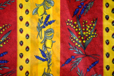 Close up of Red and Yellow Textiles, Cours Mirabeau Market, Aix-en-Provence, Provence-Alpes-Cote...