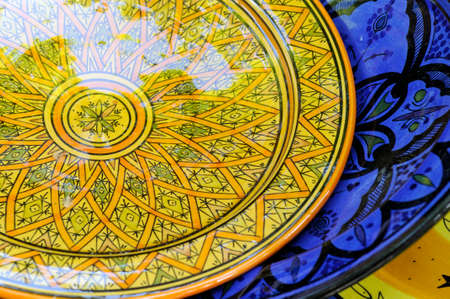 Close up of Yellow and Blue Ceramic Plates, Cours Mirabeau Market, Aix-en-Provence, Provence-Alpes-Cote d'Azur, Franceの写真素材