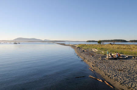 People sitting on driftwood on the beach at Sidney Spit, Gulf Islands National Park Reserve of...