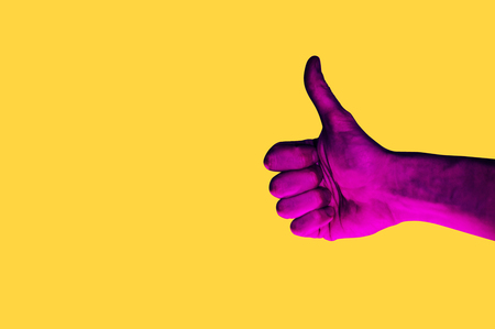 Isolated hand photo on yellow background. Pink hand collage style. Bright pop art template with...