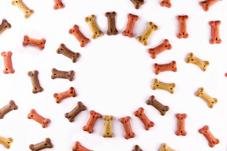 Dog food pattern made with dry snacks in shape of bones. Word dog in wooden tiles. Funny flat lay texture. Home pets, animals feeding. Special diet, training supply. Top view background.の写真素材
