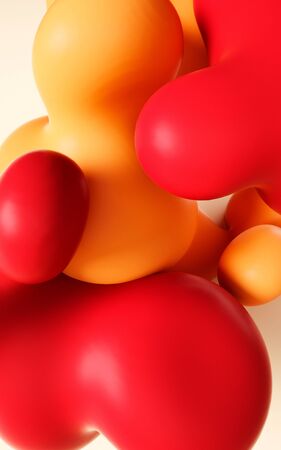 3d rendering illustration. Abstract smooth liquid art. Vertical background design for stories and graphic design projects. Balls and bubbles. Happy summer party mood. Yellow, orange and red shapes.の写真素材