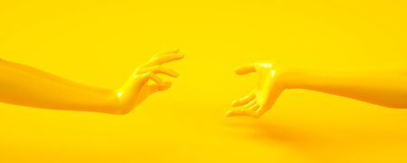 3d rendering illustration of yellow hands. Human body parts. Concept scene for graphic design projects. Shiny plastic glossy material. Horizontal orientation banner. Template for social media and webの写真素材