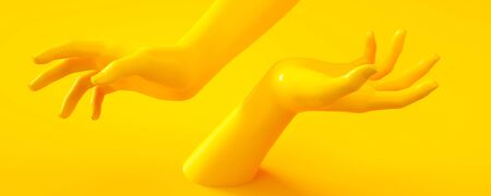 3d rendering illustration of yellow hands. Human body parts. Concept scene for graphic design...