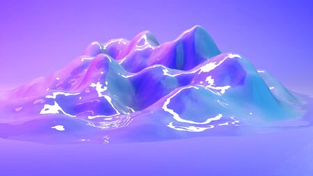 Mountain 3d landscape illuminated with neon pink and blue lights. 3d illustration rendering in...