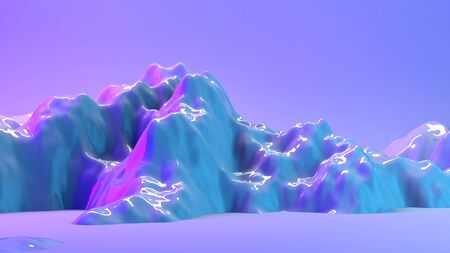 Mountain 3d landscape illuminated with neon pink and blue lights. 3d illustration rendering in horizontal format. Background for web, landing page design template with space for text. Futuristic artの写真素材