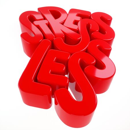 Stress less lettering trendy 3d illustration. Creative rendering quote. Red words on white background. Perspective view. Square social media format. Healthy living concept reminder.の写真素材