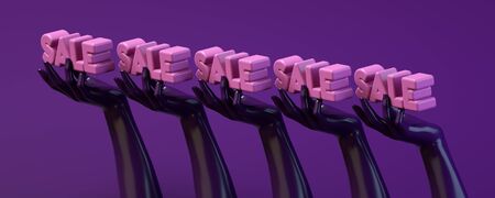 3d rendering illustration banner with hands holding circle in purple studio. Glossy shiny material. Modern contemporary style. Long horizontal template with space for text. People interaction, connection conceptの写真素材