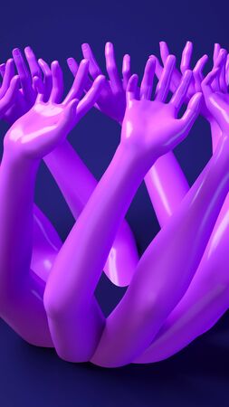 3d rendering illustration banner with hands pattern. Glossy shiny material. Modern contemporary style. Long vertical template with space for text. People interaction, connection conceptの写真素材