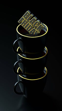 Black friday text in cup long tie yellow and black banner. 3d rendering illustration coffee shop advertisment template. Space for text. Design element for sale ad in social media postsの写真素材