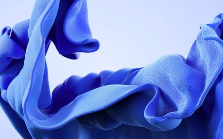 3d rendering illustration of soft cloth drapery blue material on flat background. Horizontal format wallpaper. Abstract flying textured fabric material with wrinkles.の写真素材