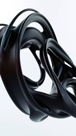 Liquid abstraction 3d rendering illustration. Black smooth rubber material on isolated white background. Matte plastic shapeの写真素材