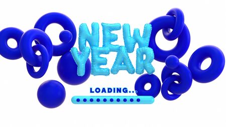 New year loading bar foil balloons text 3d rendering illustration. Blue abstract soft shapes frame. White isolated backdrop with space for text. Festive poster design. Creative artistic greeting card.の写真素材