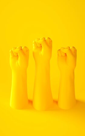 3d rendering illustration of yellow hands fist. Human body parts. Power concept scene for graphic...