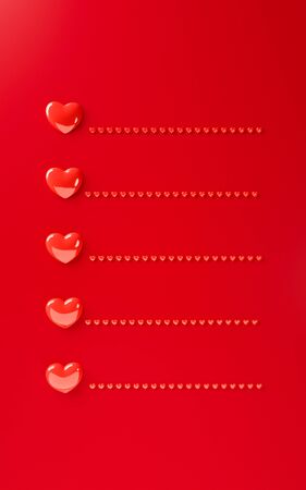 Valentines day hearts background template 3d illustration rendering. Bold red color flat lay. Love letter greeting card with space for text. Vertical tie orientation for social media screens.の写真素材