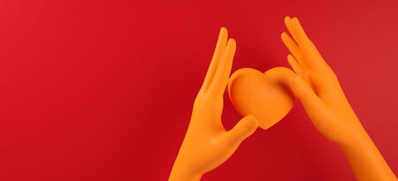 Valentines day hand holding heart background pattern 3d illustration rendering. Bold red color flat lay. Love greeting card, poster, banner template for partyの写真素材