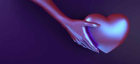 Valentines day hand holding heart background 3d illustration rendering. Holographic neon color flat lay. Love greeting card, poster, banner template for web, advertising or social media postの写真素材