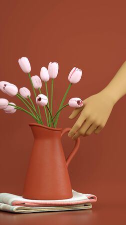 Hand holding clay jug with tulips on striped kitchen towel. Organic earthy warm brown colors. Vertical tie banner for social media posts. Organic fabric, home decor.の写真素材