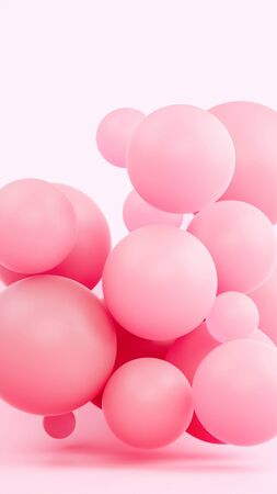 Pink sphere composition 3d rendering illustration. Light soft rubber material in bright studio. Creative trendy wallpaper. Vertical tie template with space for text. Flying shapes movementの写真素材