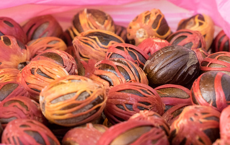 Wide selection of nutmeg on the counter of a local market in Guadeloupe, nice red hue. Great for background.の写真素材