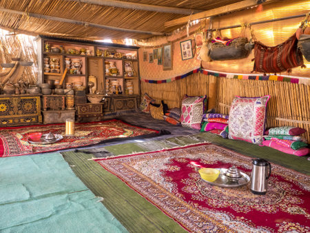 Bedouin tent interior in Oman desert village, Wahiba Sandsのeditorial素材