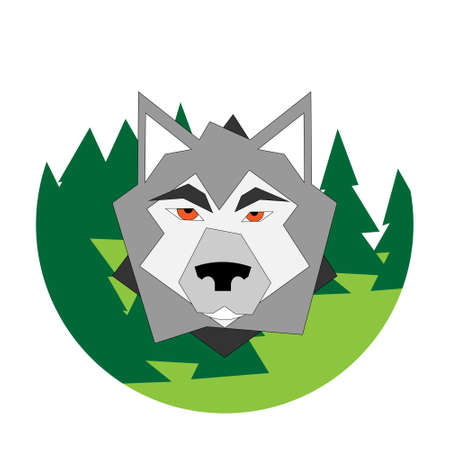Flat logo of a wolf on green forest framed in a circle.