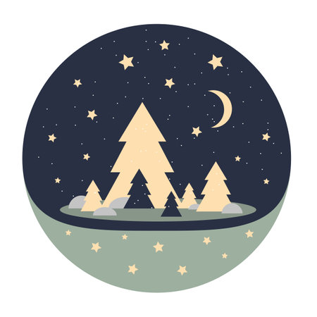 Abstract night New Year's landscape with fir trees and starsのイラスト素材