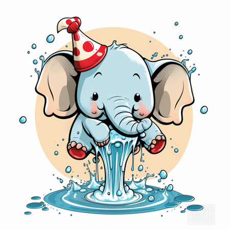 Cute cartoon elephant with a cap on his head and splashes of waterの写真素材