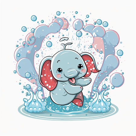 Cute baby elephant swimming in the water with bubbles. Vector illustration.の写真素材