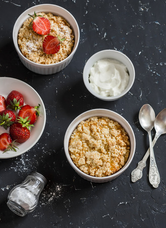 Sweet ricotta casserole with strawberry and cream. Tasty breakfast, snack or dessertの写真素材