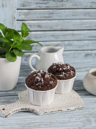 Chocolate cakes on rustic light wood backgroundの写真素材