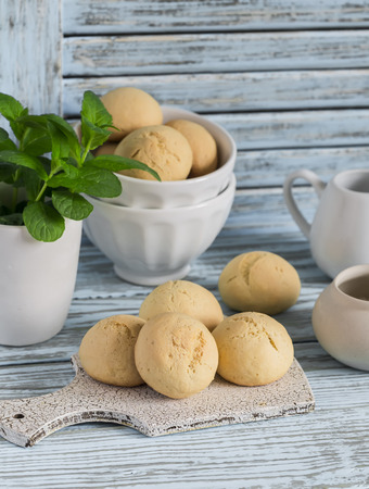 Simple cookies on a light wooden background. Kitchen still life in rustic styleの写真素材