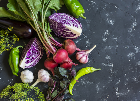 Fresh vegetables - red cabbage, beets, eggplant, peppers, garlic,  herbs on a dark background. Raw ingredients. Food backgroundの写真素材