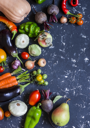 Autumn vegetable harvest. Pumpkin, eggplant, peppers, carrots, tomatoes, onions, garlic, beets on a dark background, top view. Free space for textの写真素材