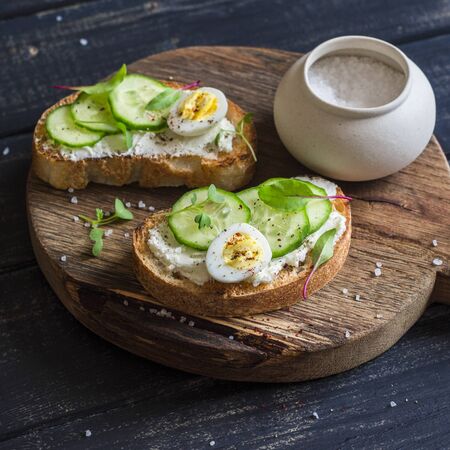 Healthy delicious breakfast or snack - open sandwich with goat's cheese and cucumber and boiled quail eggsの写真素材