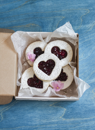 Box of homemade cookies-hearts with jam. Valentine's Day giftの写真素材